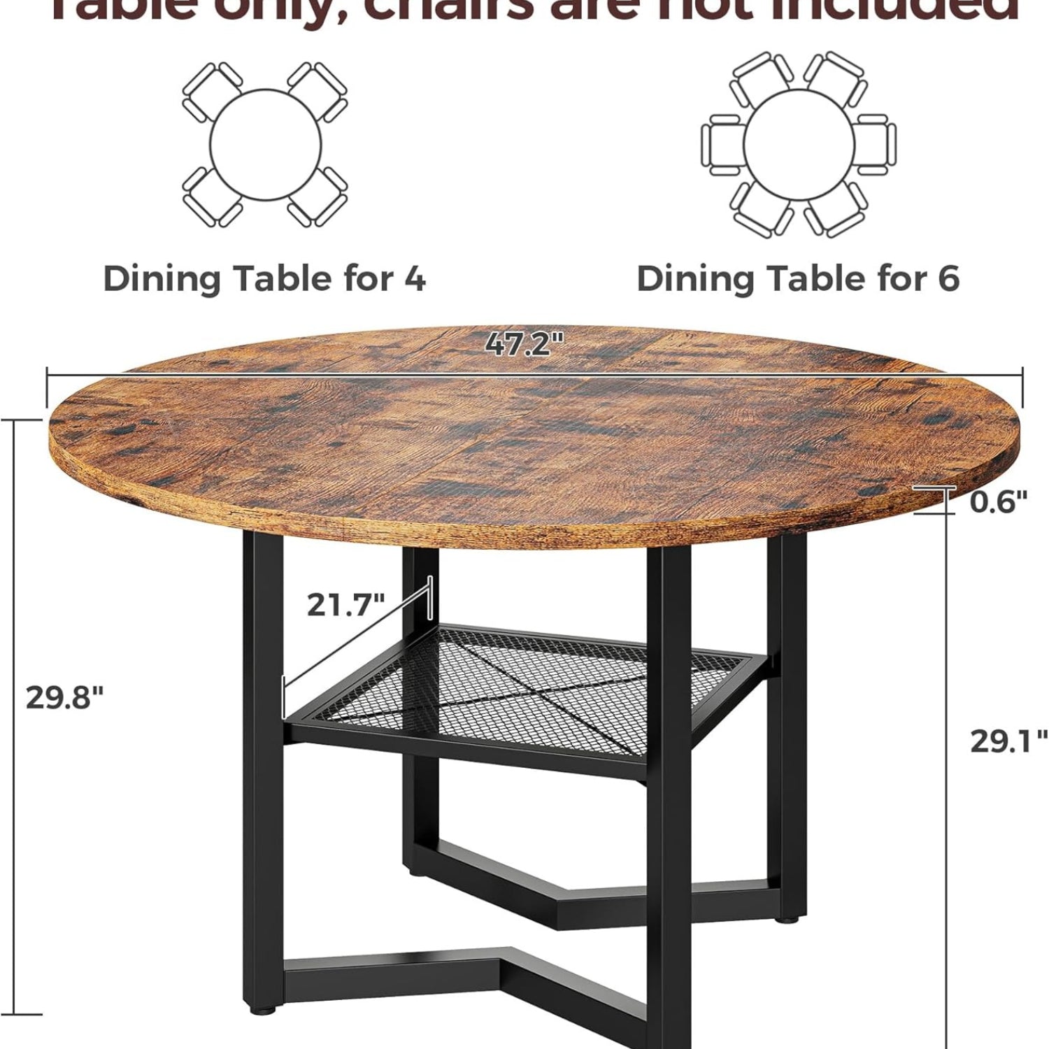 IRONCK 47.2" Wood Round Dining Table for 4, Rustic Brown