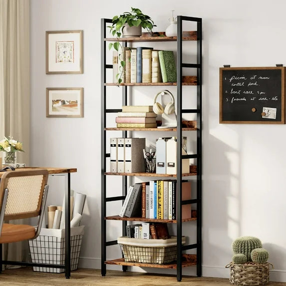 IRONCK Tall Bookshelf, 6 Tiers Metal and Wood Open Bookcase，Brown