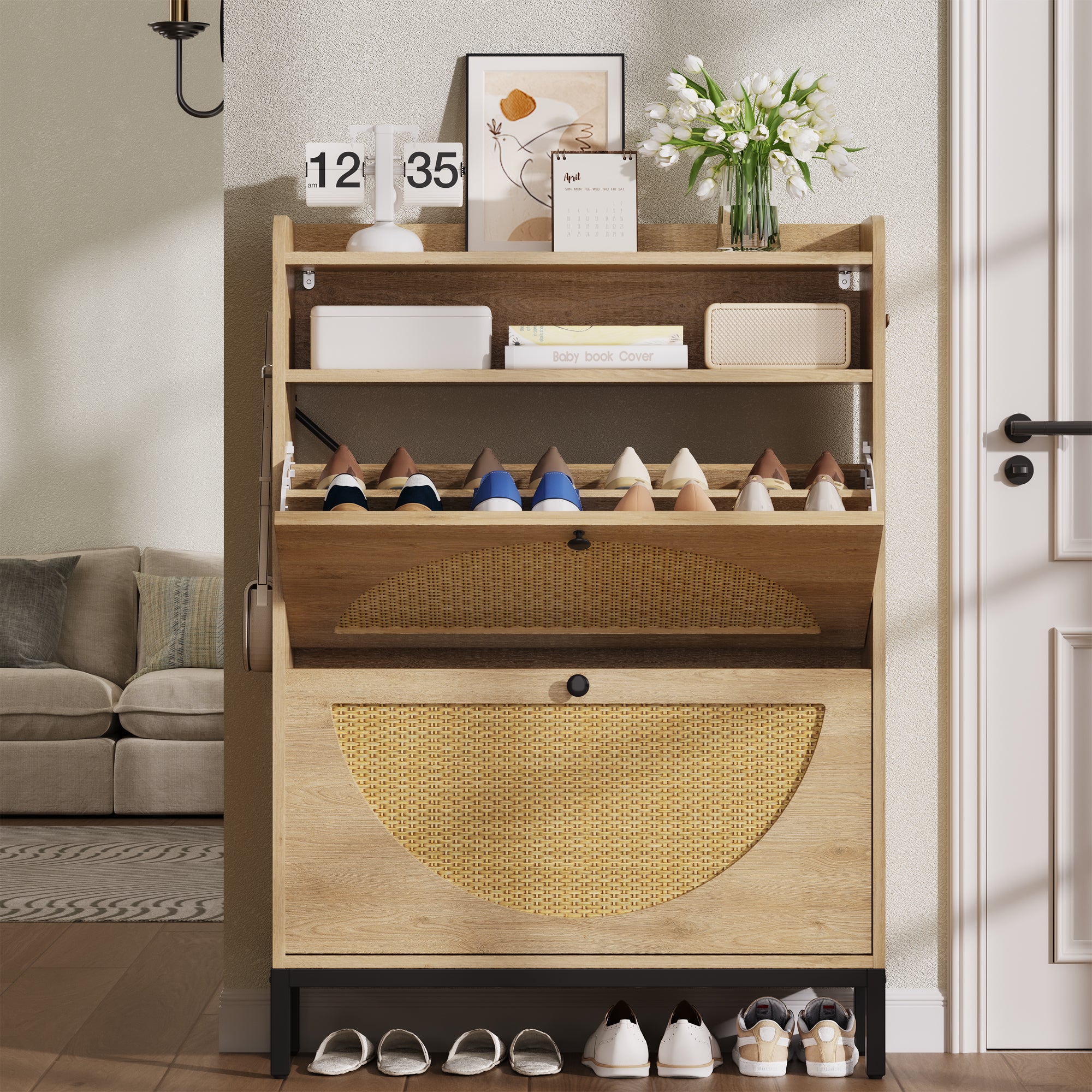 IRONCK Shoe Cabinet with 2 Rattan Flip Drawers, Shoe Storage Organizer with LED Light for Entryway Hallway