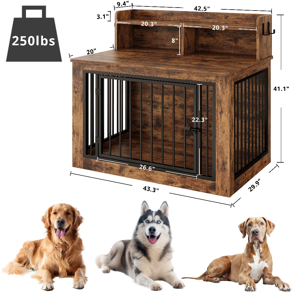 IRONCK Dog Crate Furniture – Wooden Dog  Crate Fuwith Storage Shelf