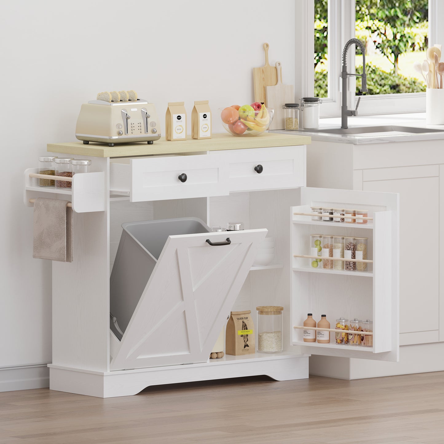 Farmhouse Kitchen Storage Cabinet with Trash Bin