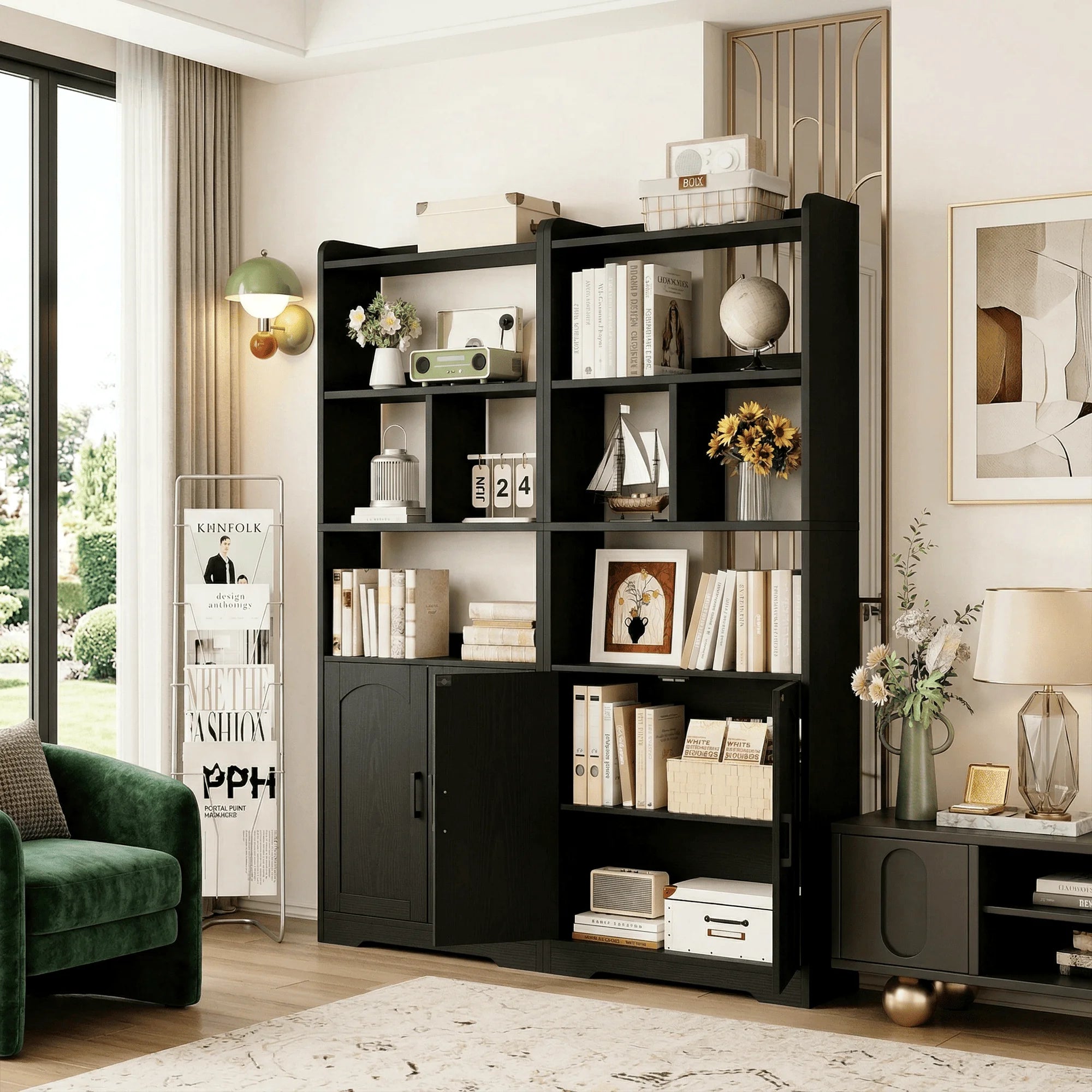 Freestanding 63" Tall Bookcase, Wood Display Storage Cabinet with Closed Doors & Open Shelves for Living Room, Home Office & Bedroom, Black