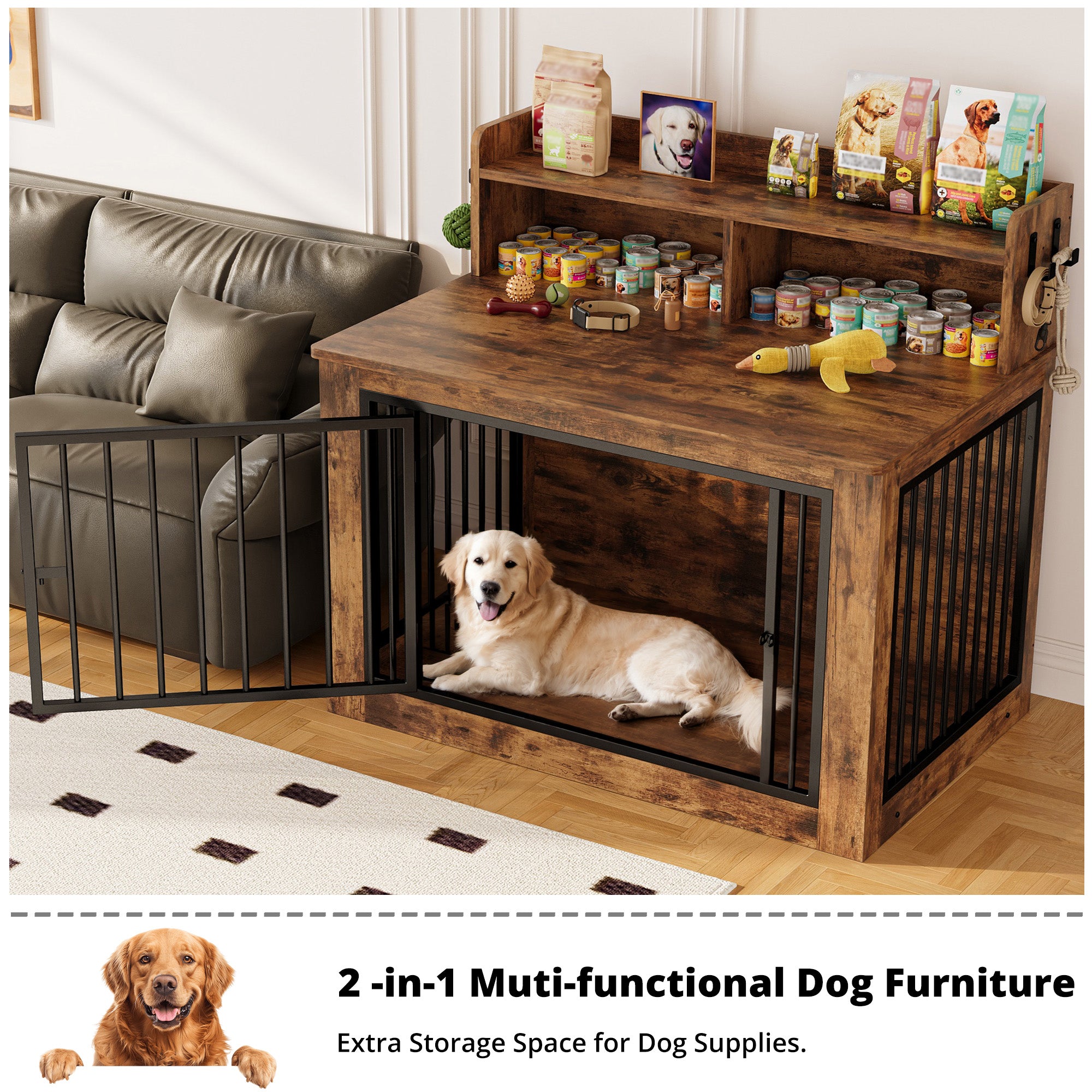 IRONCK Dog Crate Furniture – Wooden Dog  Crate Fuwith Storage Shelf