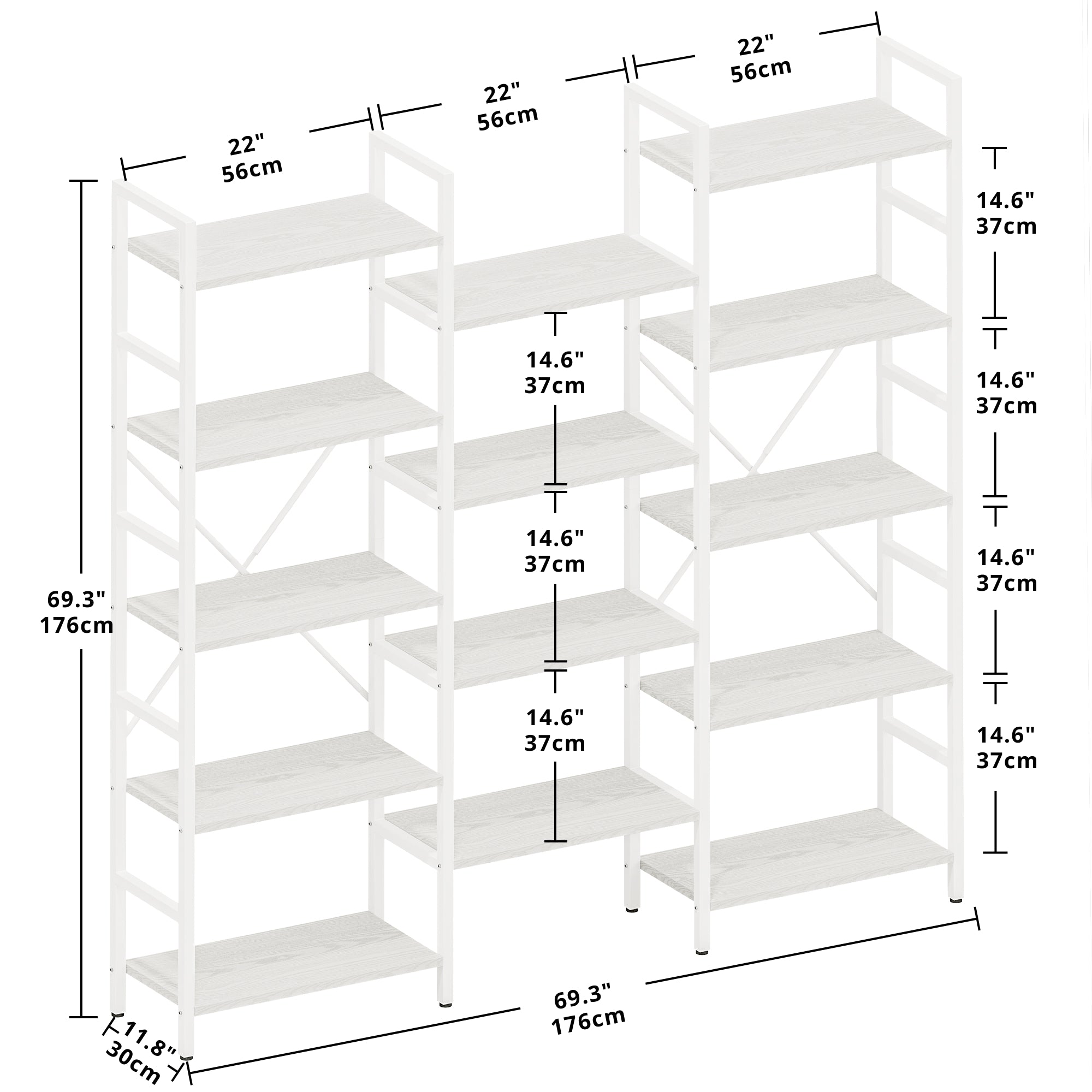 Triple Wide 5 Tiers Industrial Bookshelf