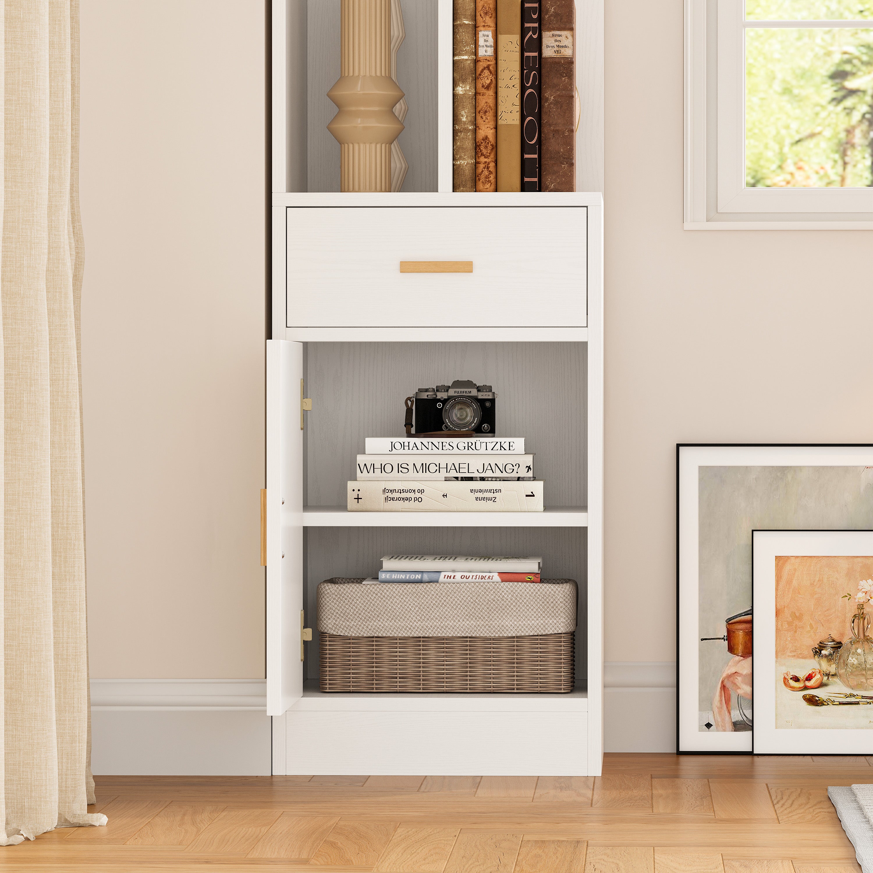 IRONCK Corner Bookshelf with Drawer and Storage Cabinet