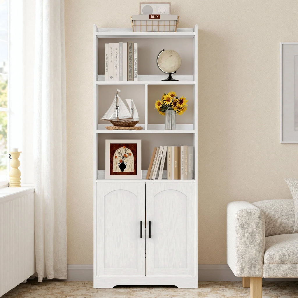 Freestanding 63" Tall Bookcase, Wood Display Storage Cabinet with Closed Doors & Open Shelves for Living Room, Home Office & Bedroom, Black