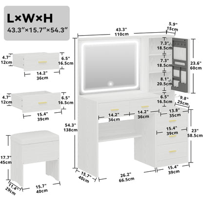 IRONCK Makeup Vanity Desk Set with Lighted Mirror and Charging Station, Dressing Table with Storage Cabinet and Drawers