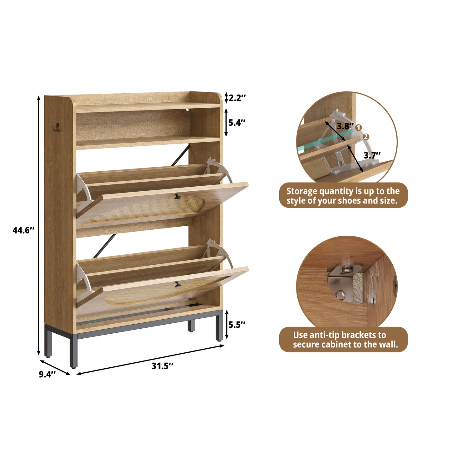 IRONCK Schuhschrank mit 2 Klappschubladen aus Rattan, Schuhaufbewahrung mit LED-Beleuchtung für Eingangsbereich und Flur