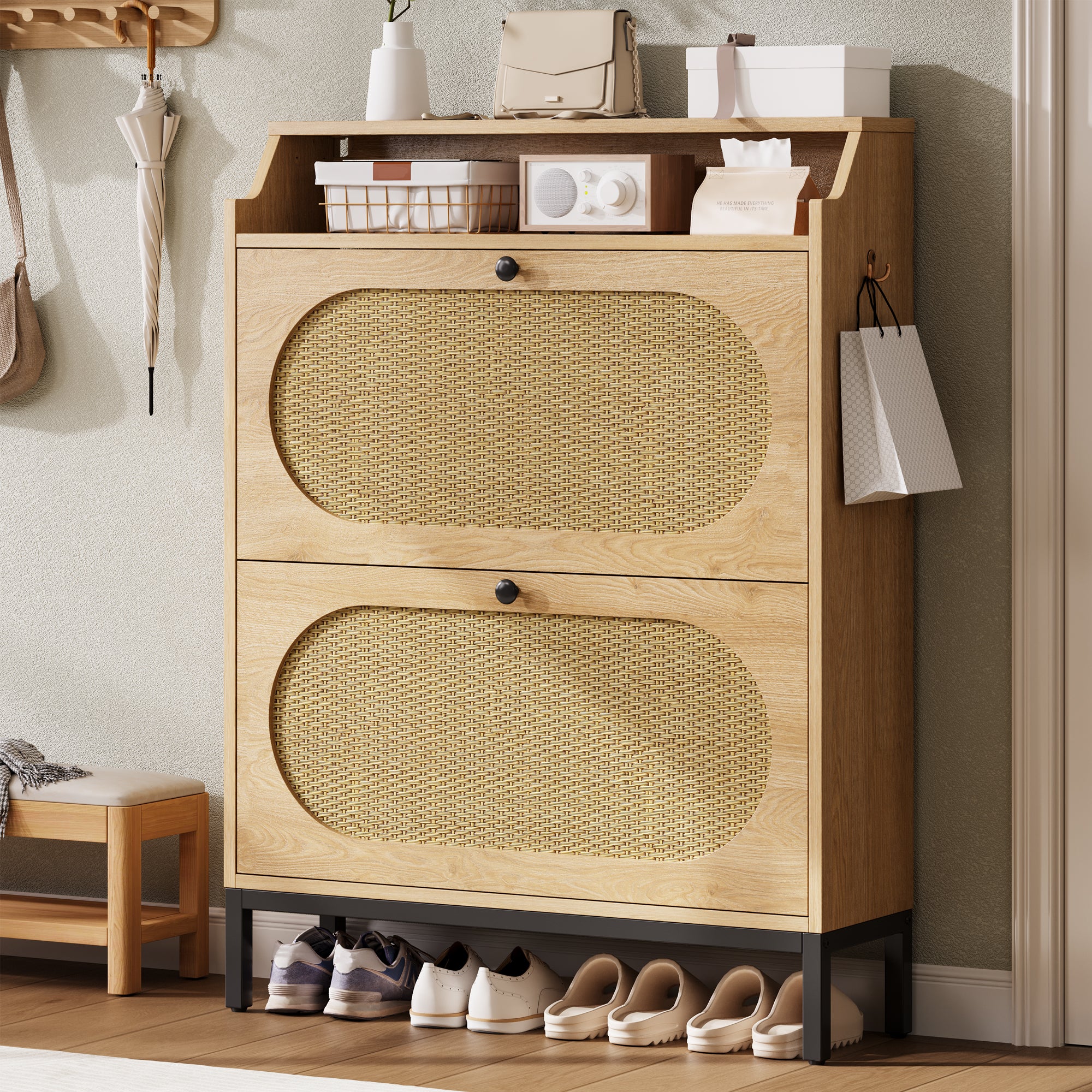 IRONCK Rattan Shoe Cabinet with Flip Drawers