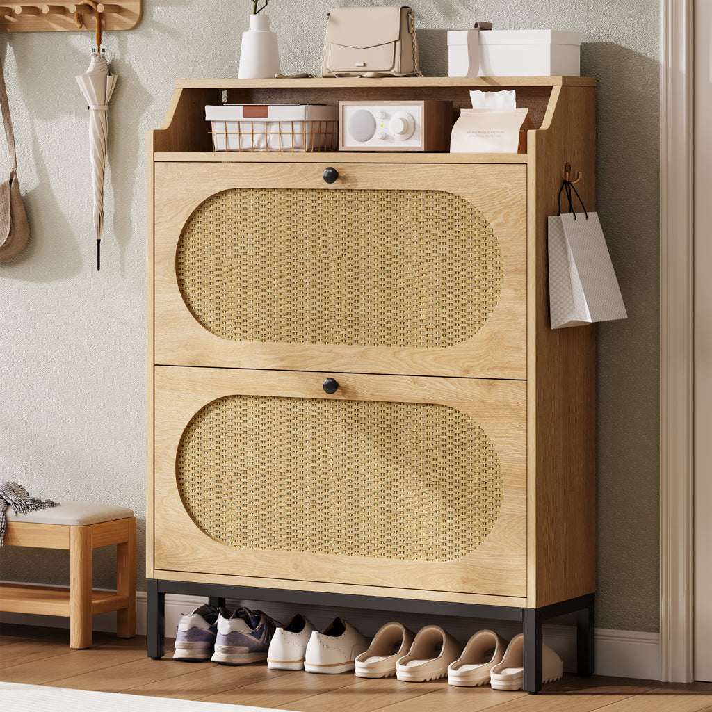 IRONCK Rattan Shoe Cabinet with Flip Drawers