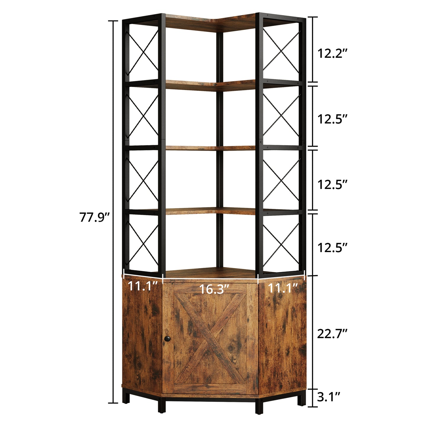 7 Furniture 77.9" Tall Corner Bookshelf with Door Cabinet