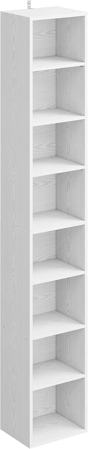 7 Furniture Tall Narrow Bookshelf 8 Tiers, Compact Corner Bookcase, Easy to Match for Living Room, Office, Study, Bedroom, White