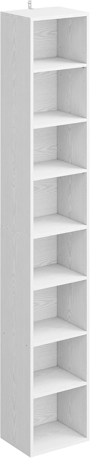 7 Furniture Tall Narrow Bookshelf 8 Tiers, Compact Corner Bookcase, Easy to Match for Living Room, Office, Study, Bedroom, White