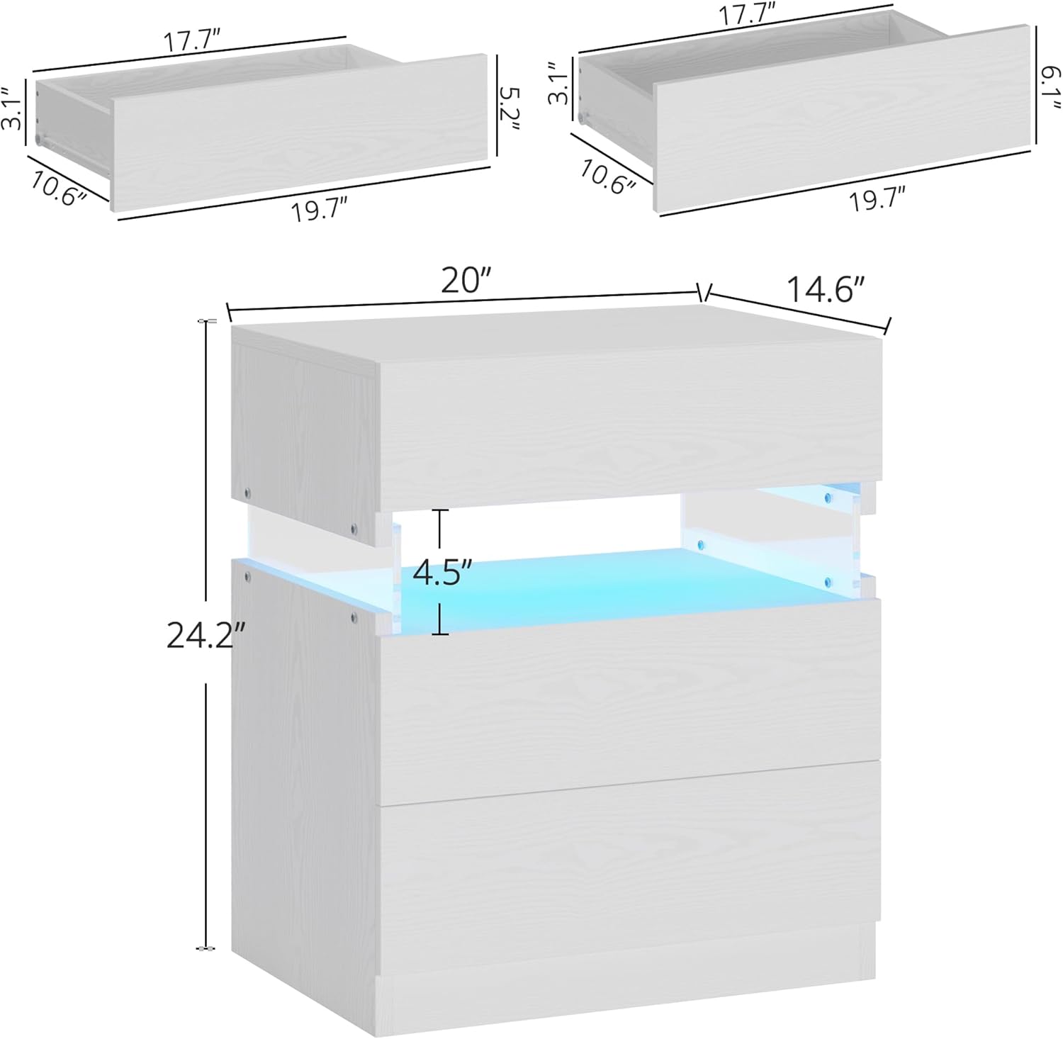IRONCK Nightstand, with 3 Drawers,  with LED Light  for Bedroom, White