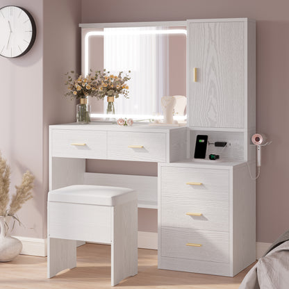 IRONCK Makeup Vanity Desk Set with Lighted Mirror and Charging Station, Dressing Table with Storage Cabinet and Drawers