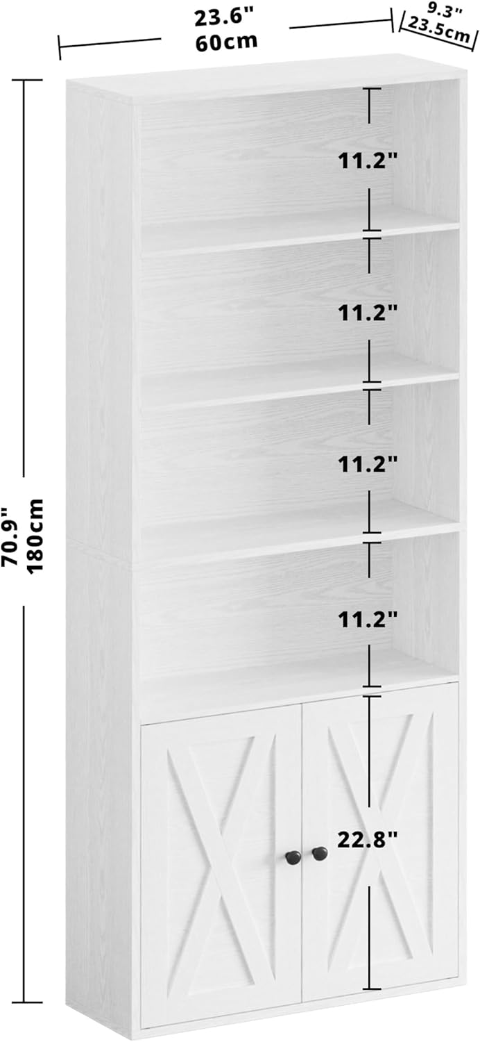7 Furniture Industrial Bookshelves and Bookcases with Doors Floor Standing 6 Shelf Display Storage Shelves 70 in Tall Bookcase for Home Office, Living Room