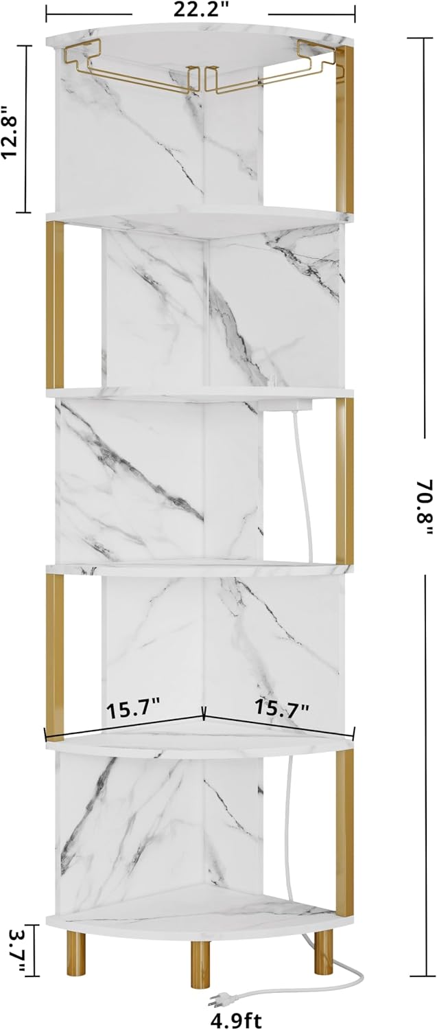 IRONCK Corner Bar Cabinet with LED Lights & Power Outlets, 5-Tier Corner Shelf with Glass Holder, Wine Bar Cabinet Liquor Cabinet for Living Room, Dining Room, Kitchen, Black & Gold