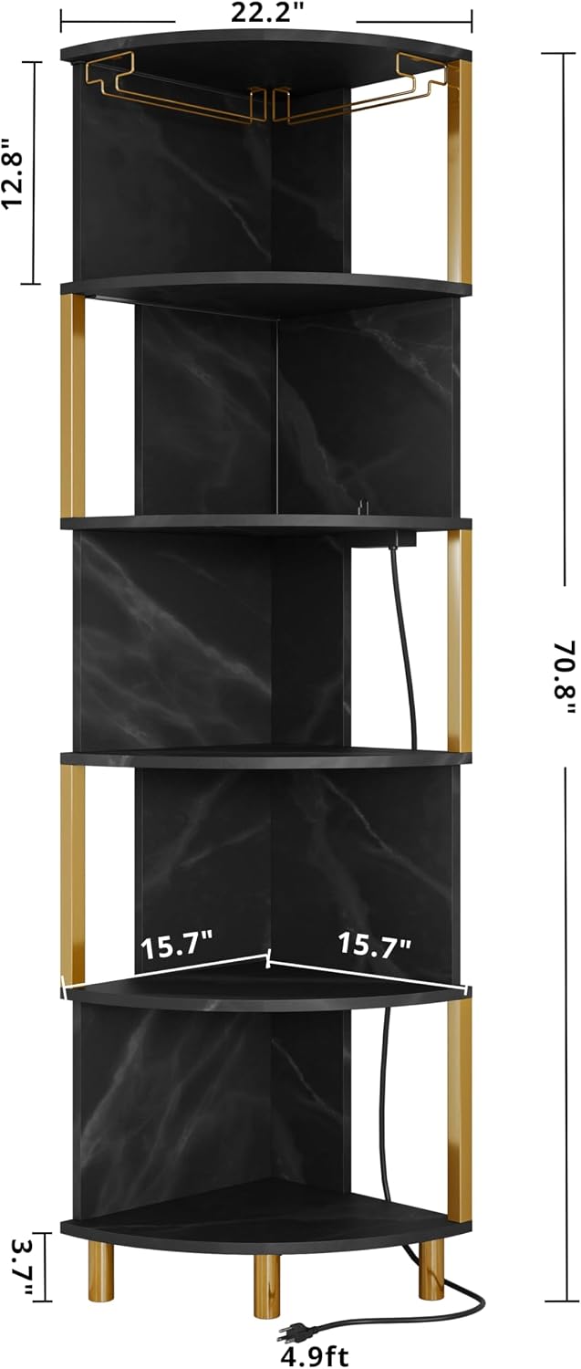IRONCK Corner Bar Cabinet with LED Lights & Power Outlets, 5-Tier Corner Shelf with Glass Holder, Wine Bar Cabinet Liquor Cabinet for Living Room, Dining Room, Kitchen, Black & Gold
