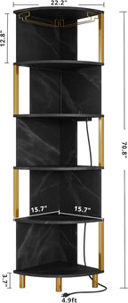 IRONCK Corner Bar Cabinet with LED Lights & Power Outlets, 5-Tier Corner Shelf with Glass Holder, Wine Bar Cabinet Liquor Cabinet for Living Room, Dining Room, Kitchen, Black & Gold