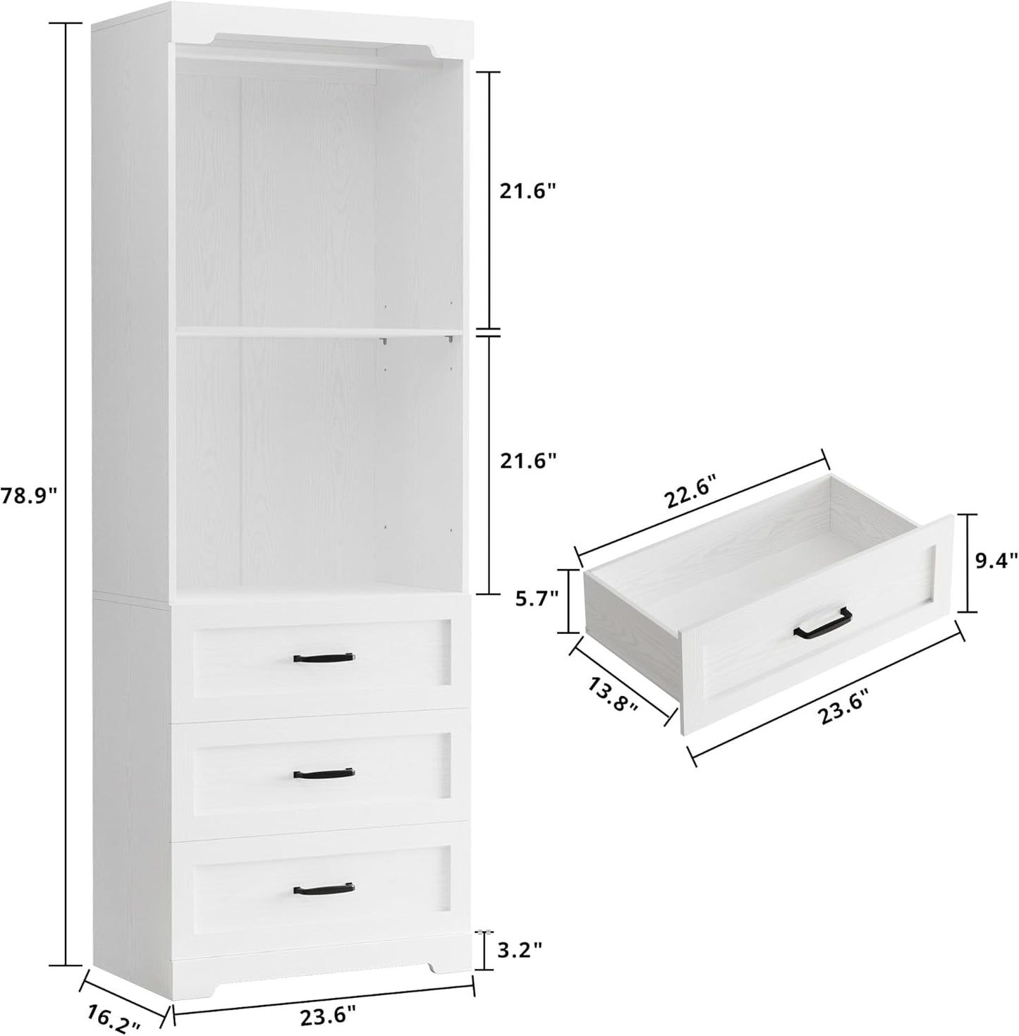 IRONCK Freestanding Closet System with 3 Wood Drawers, White