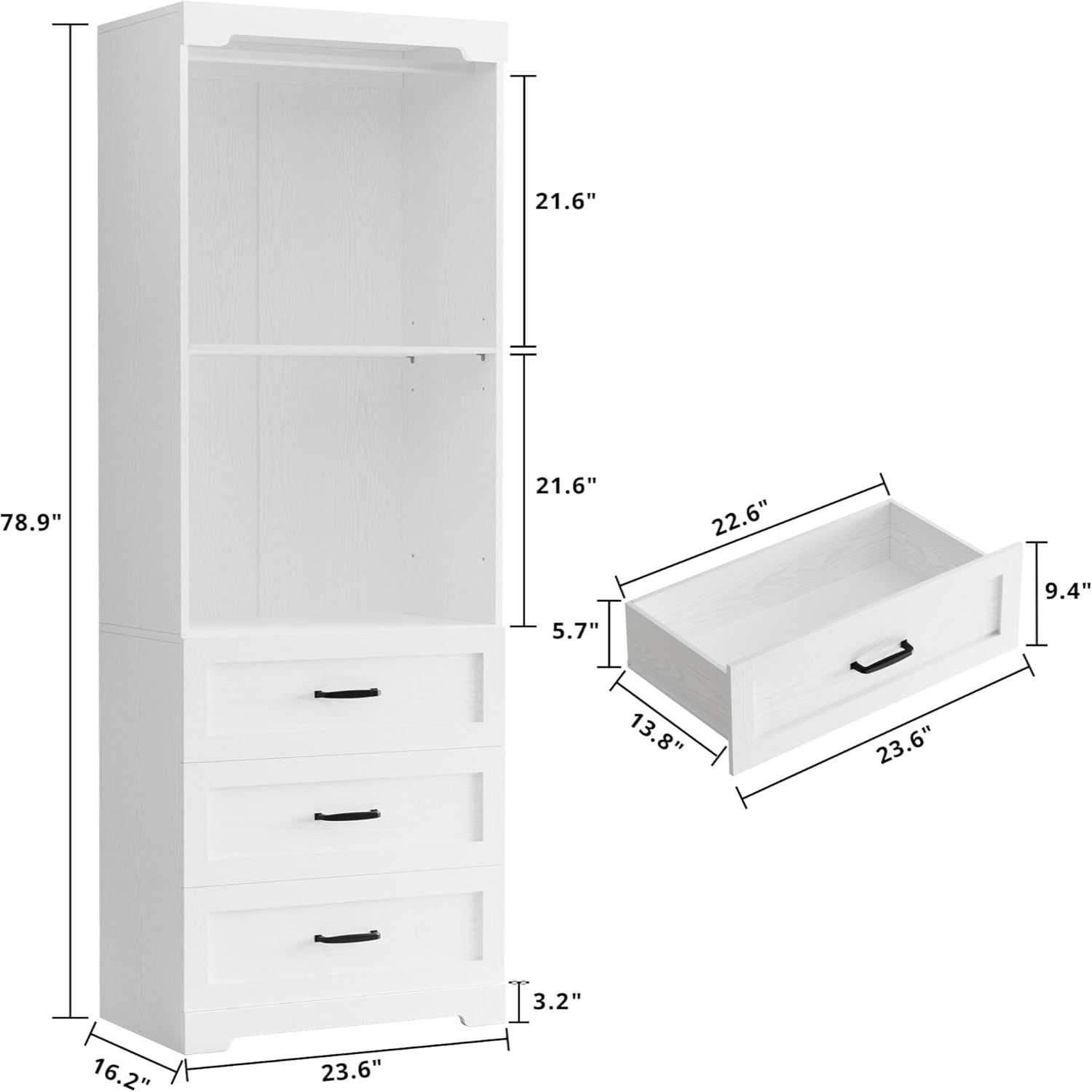 IRONCK Freestanding Closet System with 3 Wood Drawers, White