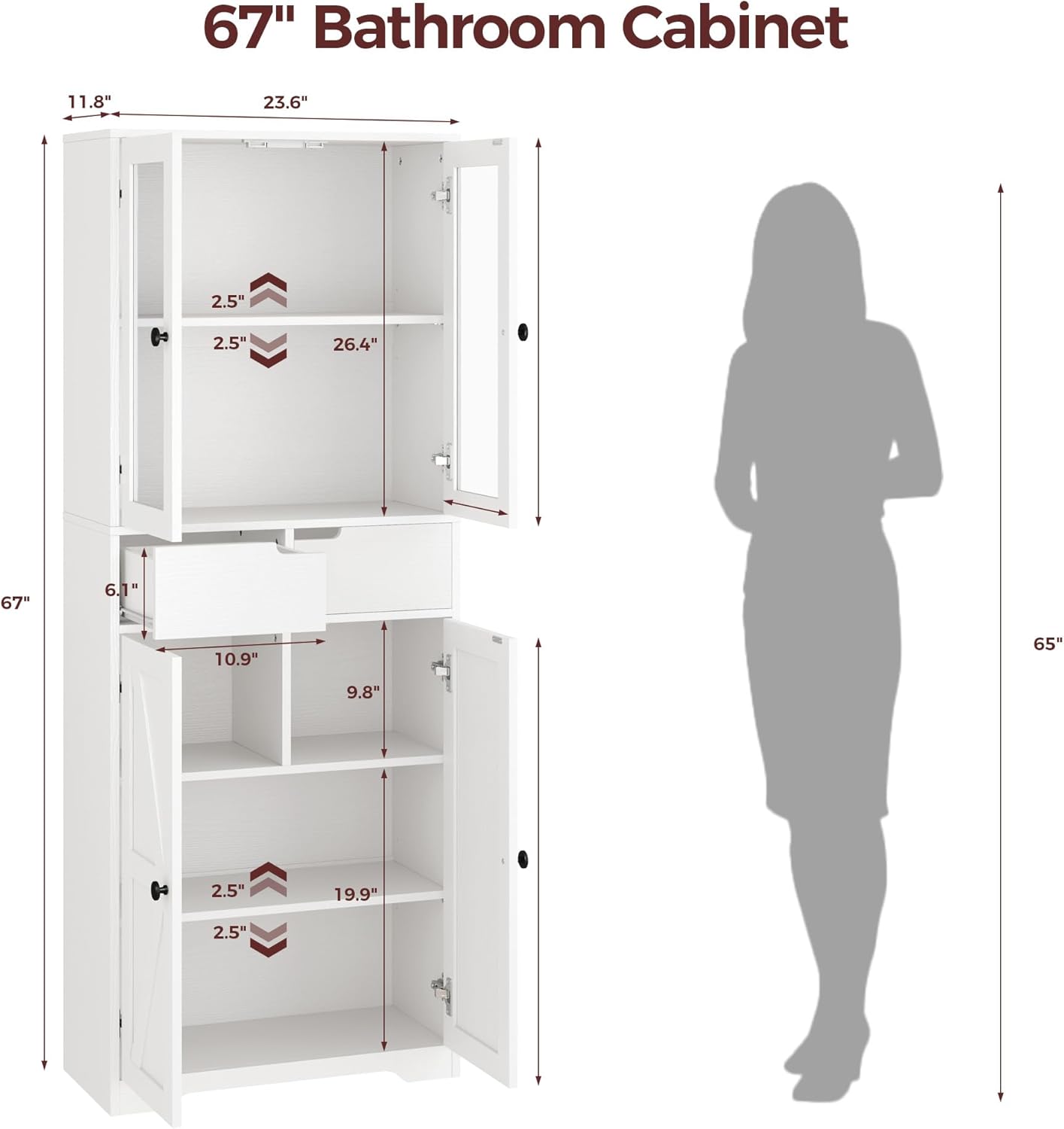 IRONCK 67" Tall Bathroom Storage Cabinet, with Glass Doors and Shelves,  White