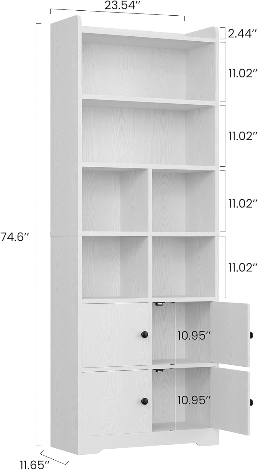 IRONCK 74.6 in Tall Bookshelf with Doors, Storage Shelves, White