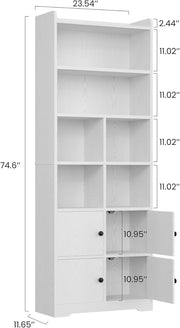 IRONCK 74.6 in Tall Bookshelf with Doors, Storage Shelves, White