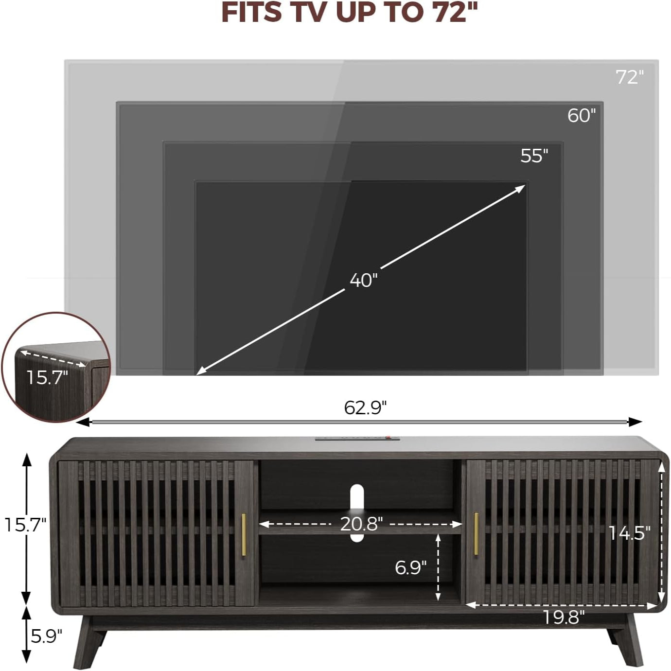IRONCK Modern TV Stand with Charging Station, Grey Walnut