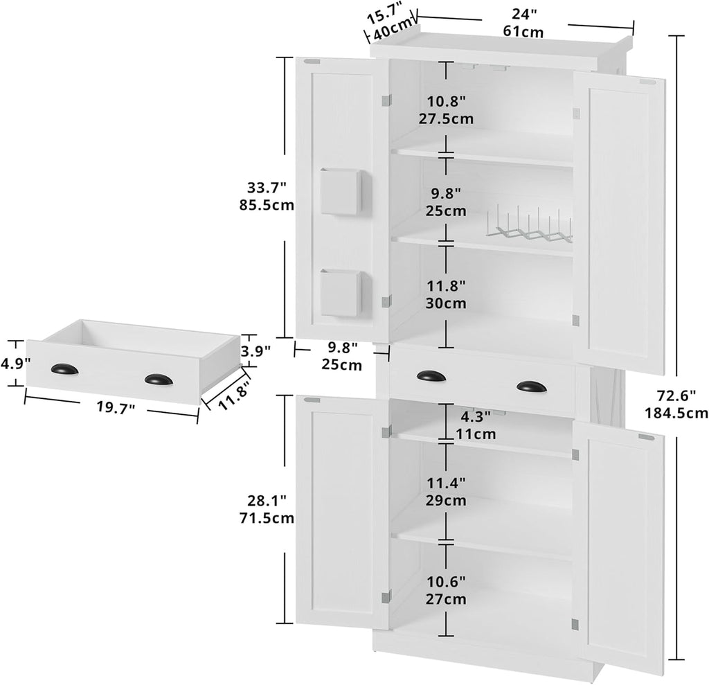 IRONCK Kitchen Pantry Storage Cabinet 72.6" H x 24" W, White | Freestanding Storage Cabinet with Barn Doors, Drawer, and 4 Adjustable Shelves for Laundry Rooms