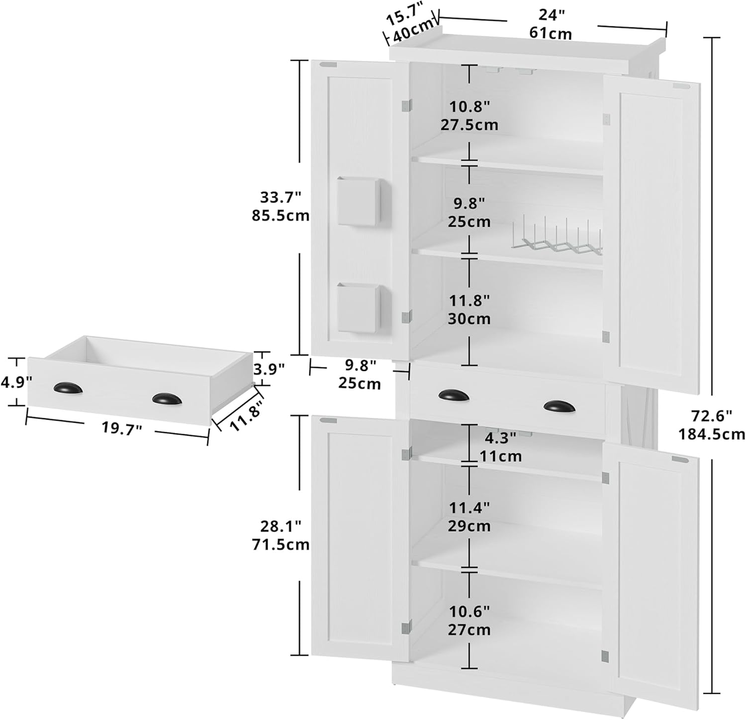IRONCK Kitchen Pantry Storage Cabinet 72.6" H x 24" W, White | Freestanding Storage Cabinet with Barn Doors, Drawer, and 4 Adjustable Shelves for Laundry Rooms