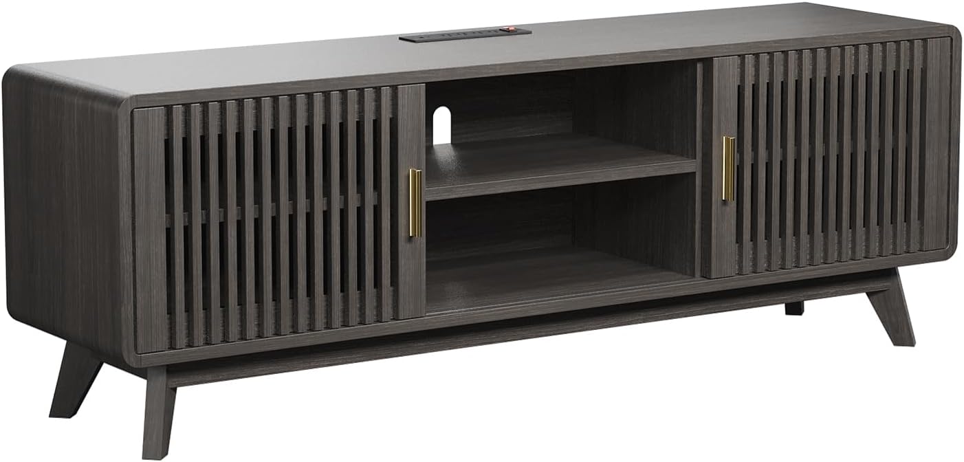 IRONCK Modern TV Stand for 70 inch TV, Entertainment Center with Storage and 2 Sliding Doors, Adjustable Shelves, TV Console with Charging Station for Bedroom, Living Room (Grey Walnut)