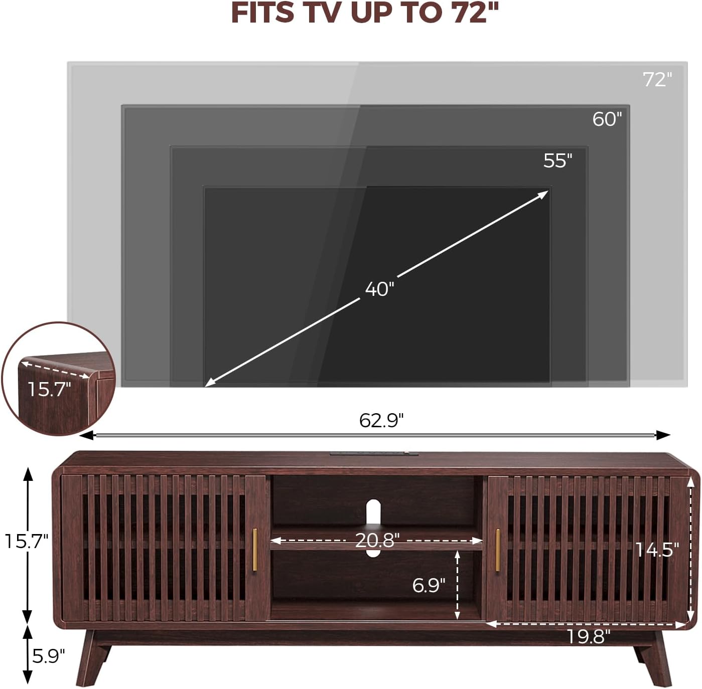 IRONCK 63'' TV Stand for TVs Up to 70", TV Console with 2 Sliding Doors, Red Walnut