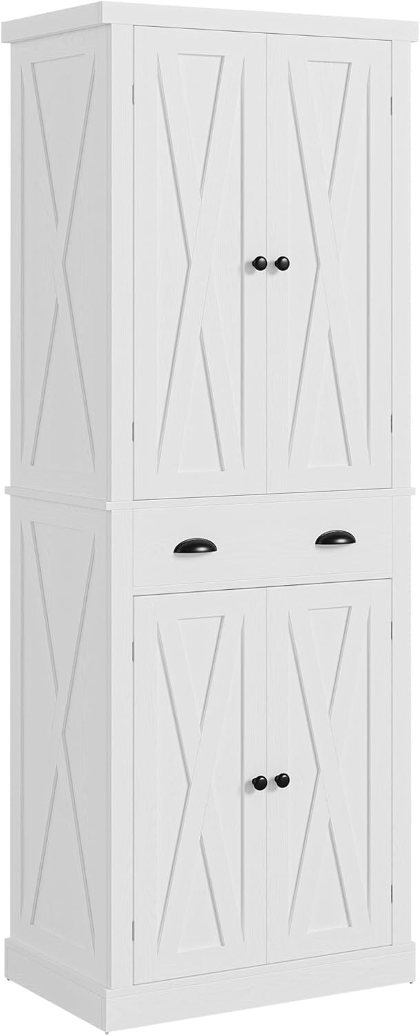 IRONCK Kitchen Pantry Storage Cabinet 72.6" H x 24" W, White | Freestanding Storage Cabinet with Barn Doors, Drawer, and 4 Adjustable Shelves for Laundry Rooms