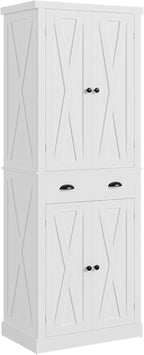 IRONCK Kitchen Pantry Storage Cabinet 72.6" H x 24" W, White | Freestanding Storage Cabinet with Barn Doors, Drawer, and 4 Adjustable Shelves for Laundry Rooms