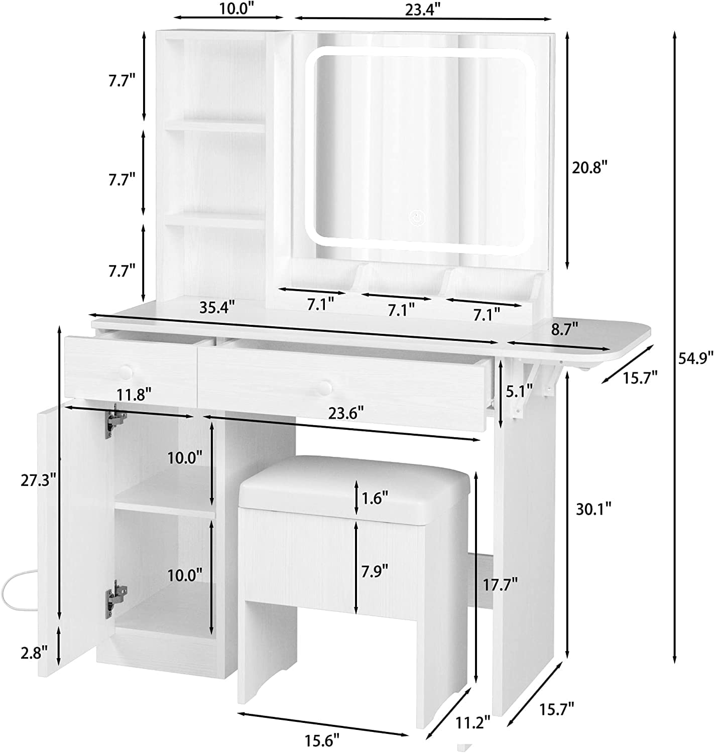 LED Makeup Table with Drawers- White