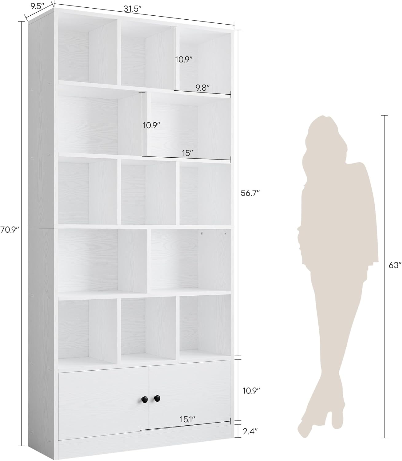 IRONCK Bookcase with Doors and Open Shelves for Home Office and Living Room | Hidden Storage, Heavy-Duty Shelves, Dust Protection, Minimalist Style