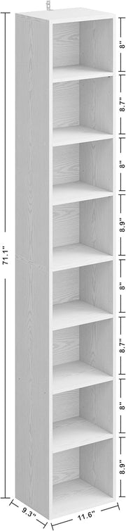 7 Furniture Tall Narrow Bookshelf 8 Tiers, Compact Corner Bookcase, Easy to Match for Living Room, Office, Study, Bedroom, White