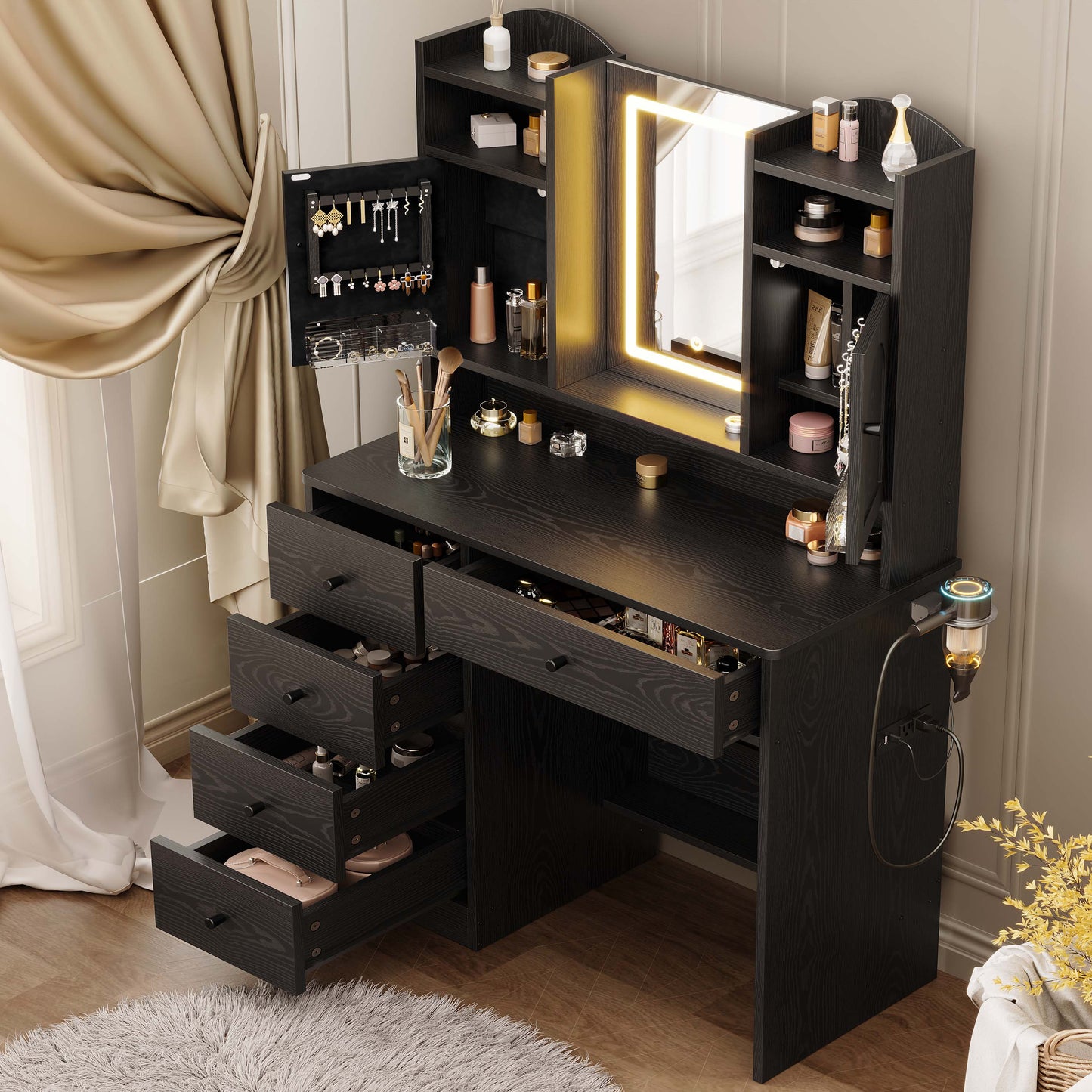 Makeup Vanity Desk with Jewelry Armoire & Charging Station & 5 Drawers