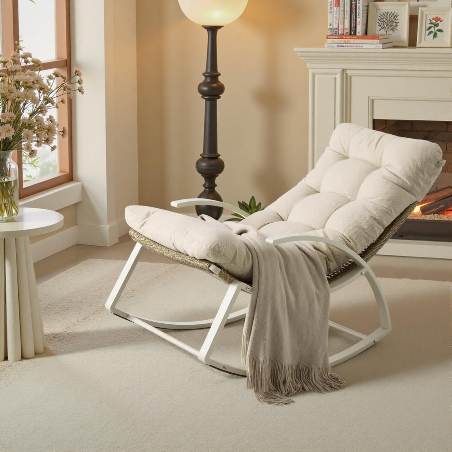 IRONCK Patio Rocking Chair, Outdoor Rocking Chair with Armrest and Cushion, Beige