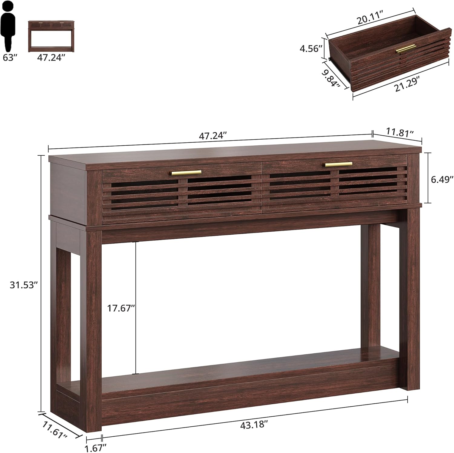 IRONCK Entryway Table, 47" Console Table with Drawer for Living Room, Wooden Sofa Table with Storage, Mid Century Modern, Red Walnut