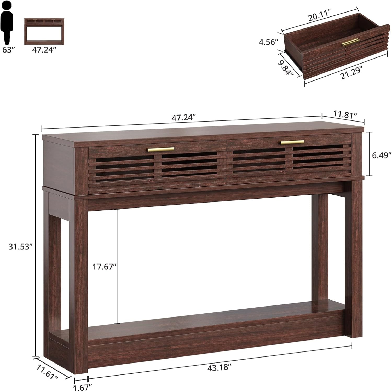 IRONCK 47"  Console Table with Drawer for Living Room, Red Walnut