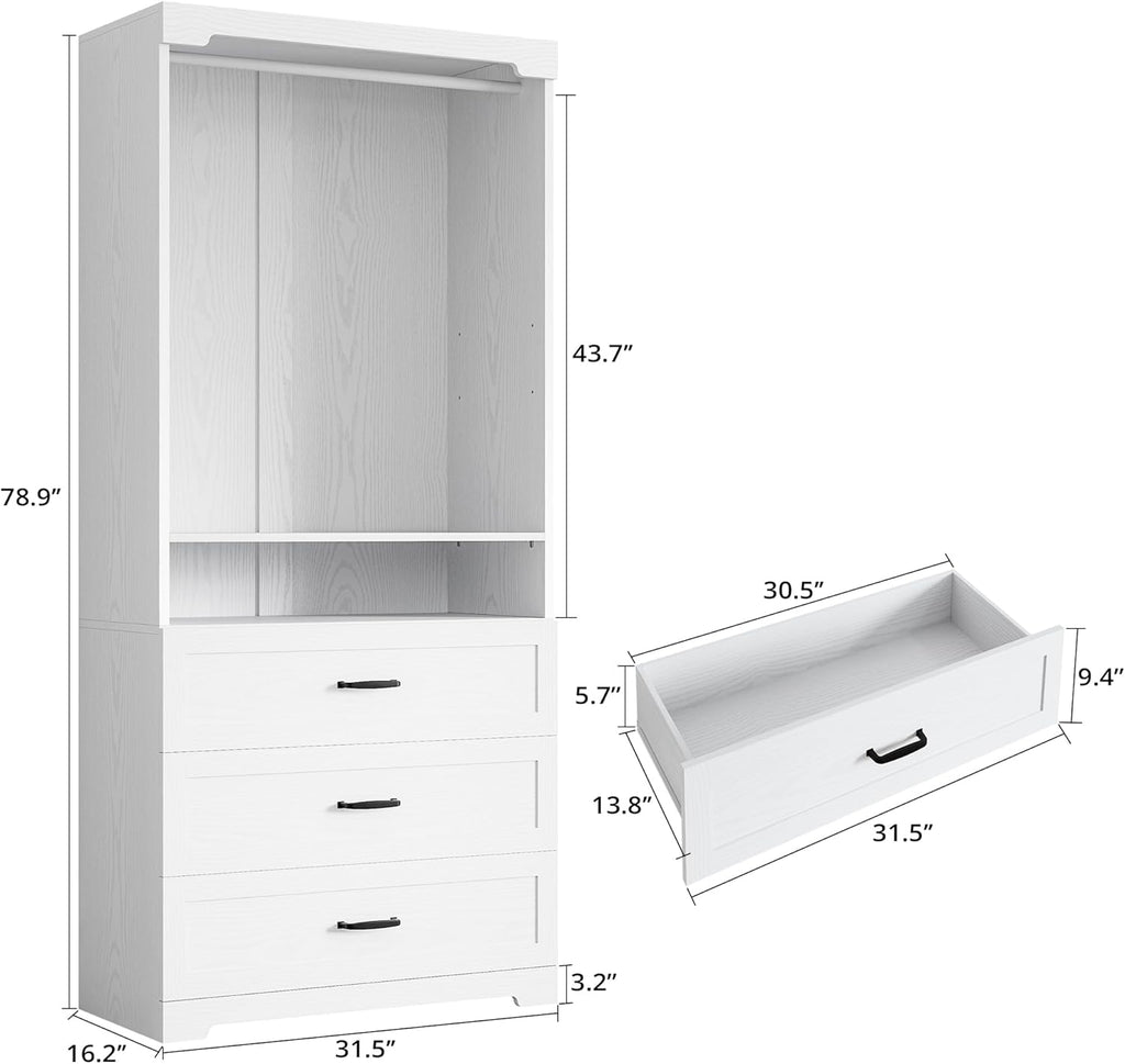 IRONCK Freestanding Closet System with Adjustable Shelves & 3 Drawers | Closet Organizer with Hanging Rod, Ideal for Bedrooms, Apartments and Small Closet Storage, 31.5" White