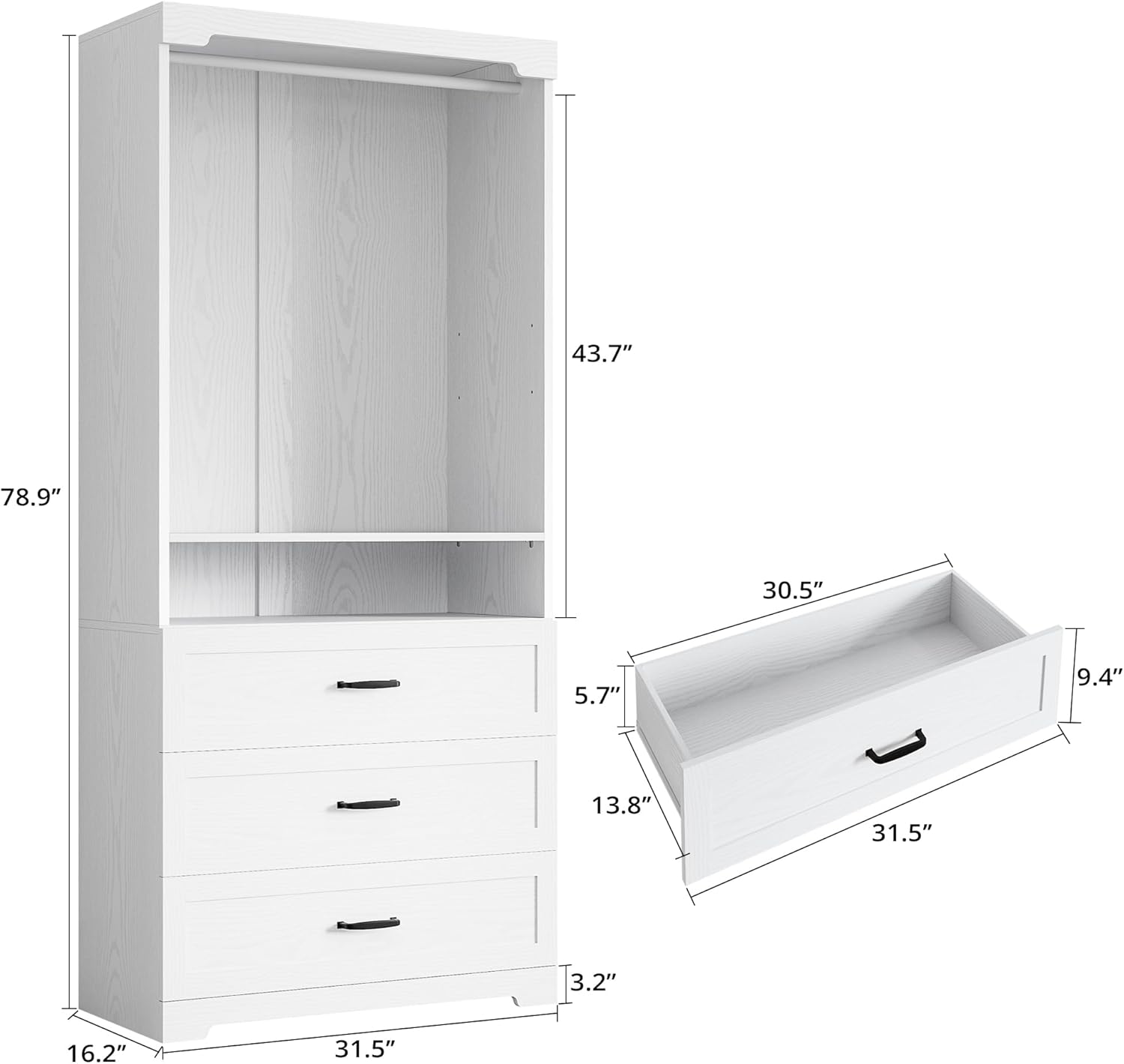 IRONCK Freestanding Closet System with Adjustable Shelves & 3 Drawers | Closet Organizer with Hanging Rod, Ideal for Bedrooms, Apartments and Small Closet Storage, 31.5" White