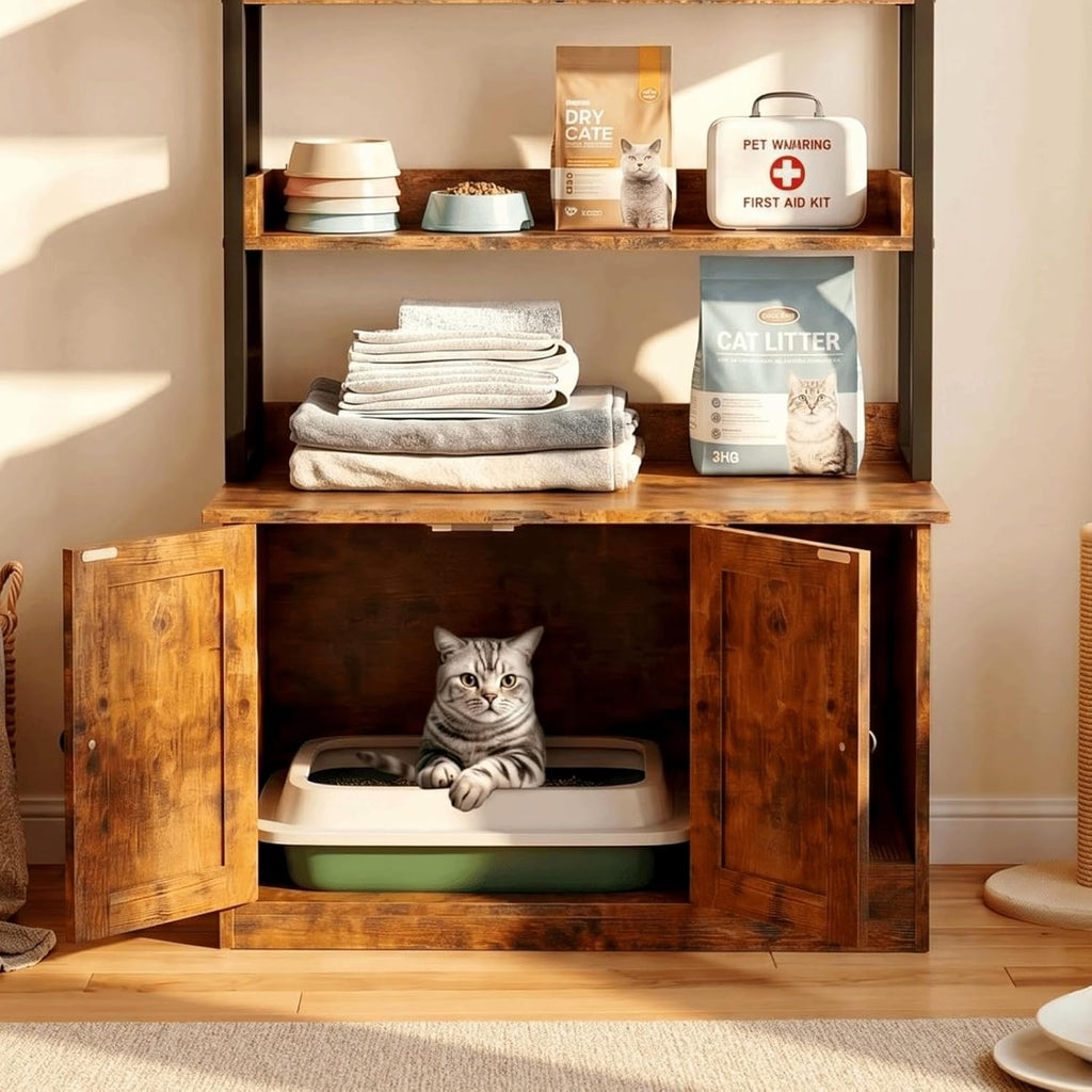 IRONCK Litter Box Enclosure with 4 Shelves and Doors, Vintage Brown