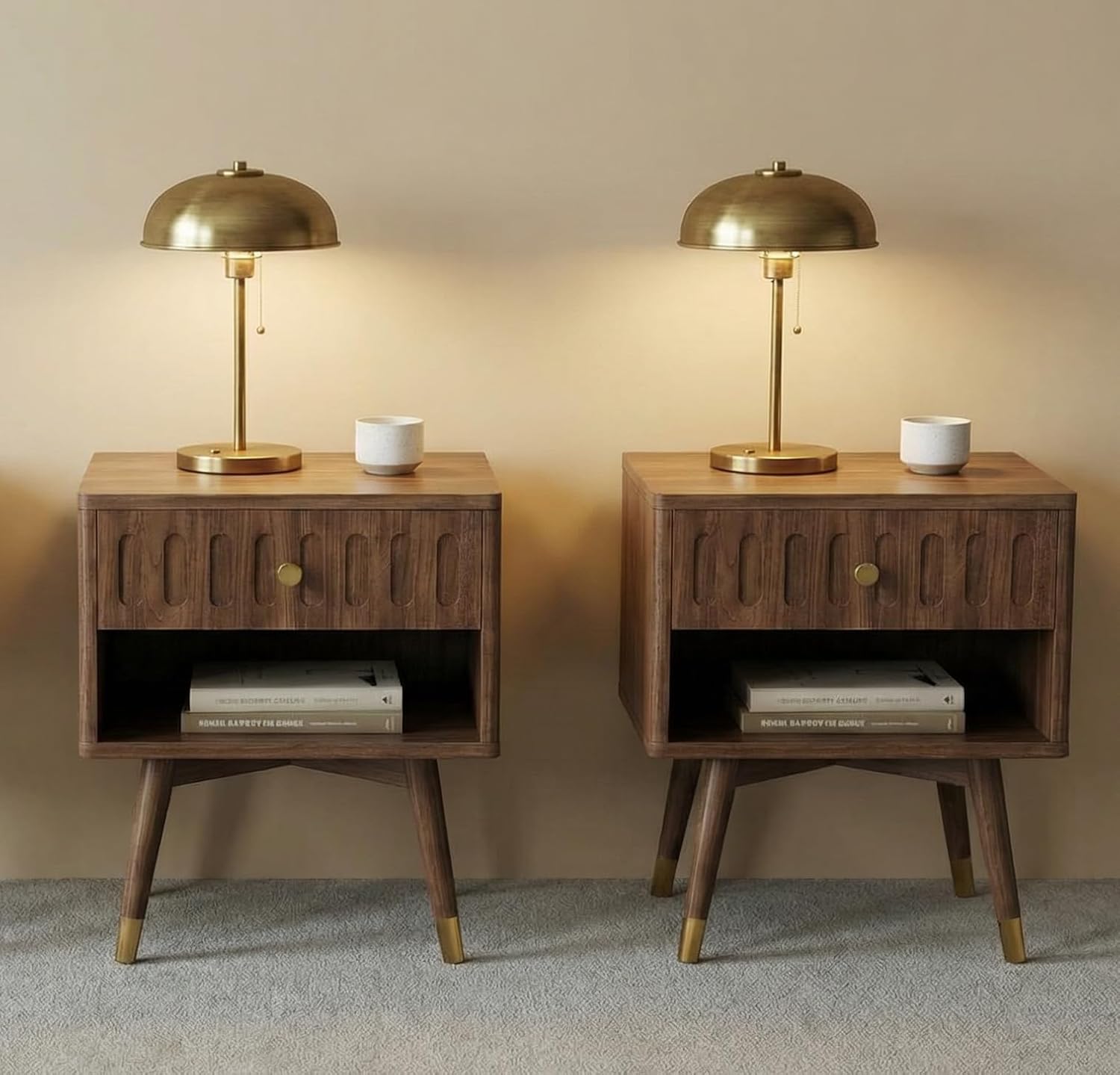 IRONCK Nightstand with Charging Station, Fluted Night Stand Set of 2，Bed Side Table with Drawer，Open Shelf and Sturdy Metal-Capped Legs, End Table for Bedroom, Walnut