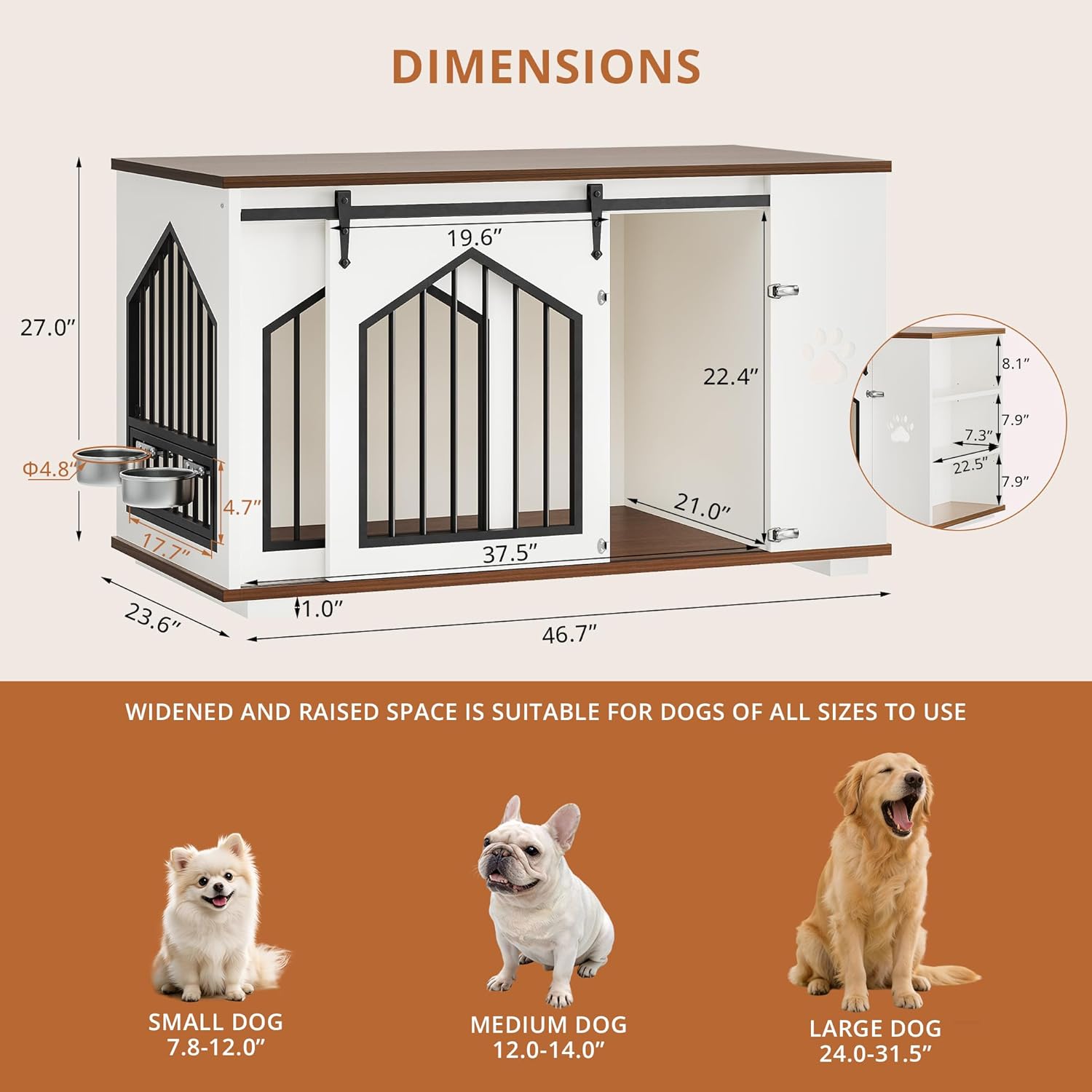 IRONCK Large Dog Crate Furniture with 2 Rotatable Dog Bowls, White