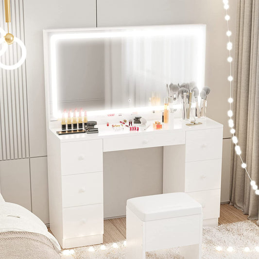 Large Mirror Makeup Vanity Desk with 7 Drawers- White