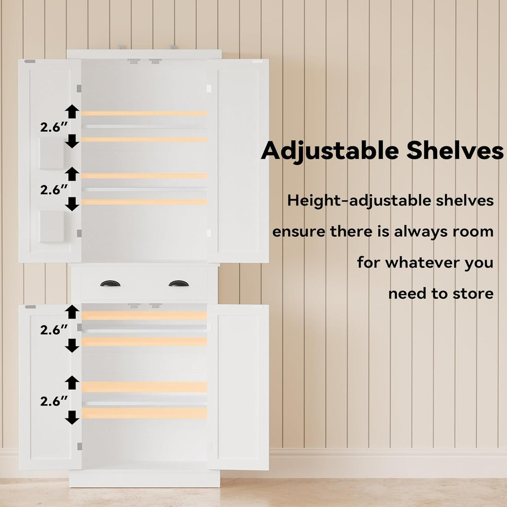 IRONCK Kitchen Pantry Storage Cabinet 72.6" H x 24" W, White | Freestanding Storage Cabinet with Barn Doors, Drawer, and 4 Adjustable Shelves for Laundry Rooms