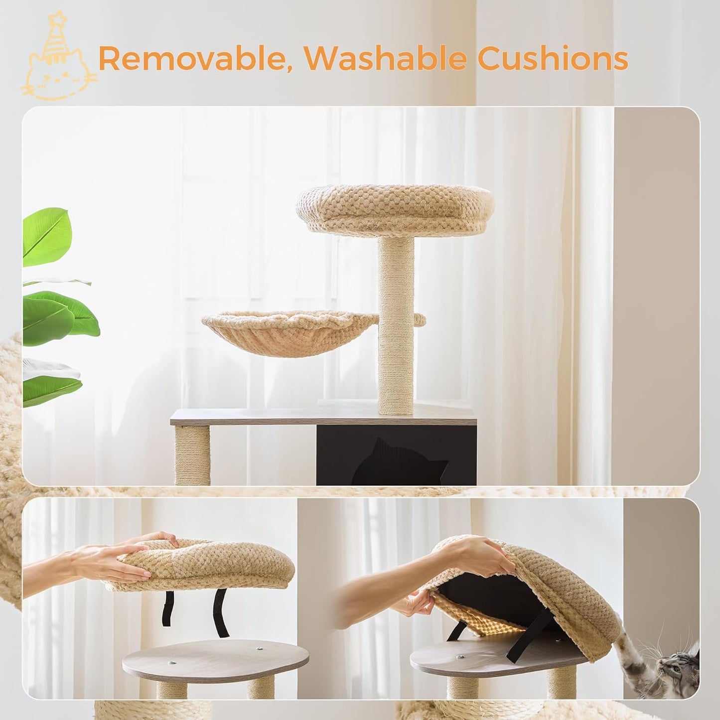 IRONCK Litter Box Enclosure with Cat Tree, 46" Hidden Litter Box with Sisal Scratching Ladder and Storage, Greige